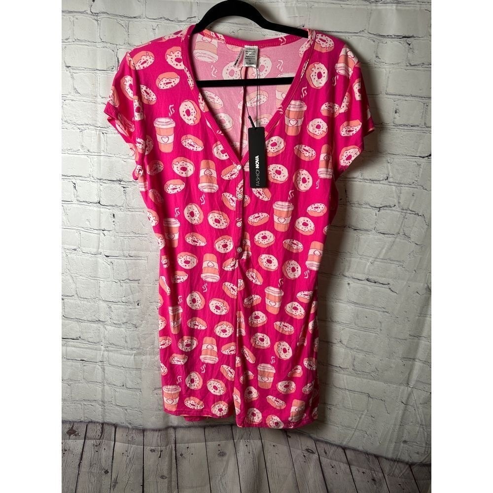 Fashion Nova Pink Donut Print Romper Cute Kawaii Coffee Cup Pattern XL